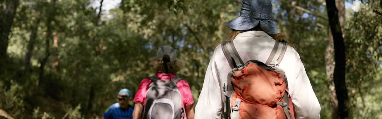 Tres persones des del darrere caminant.